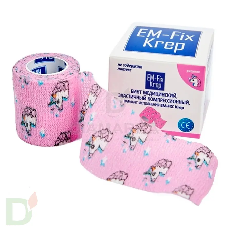 Бинт самофиксирующийся EM-Fix krep Розовый с единорогом, 5см*4,5м в Омске